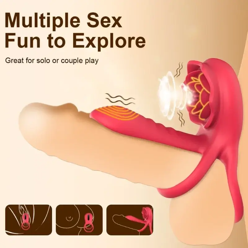 Rose-Shaped Vibrating Penis Sleeve with Cock Ring for Couple